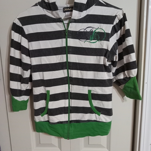 Fabulosity Jackets & Blazers - Striped Black and White Hoodie with Green Accents